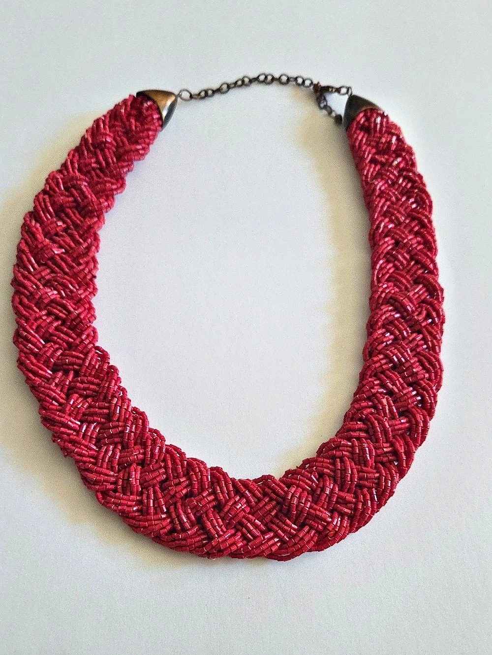 Red Beaded Woven Statement Necklace
